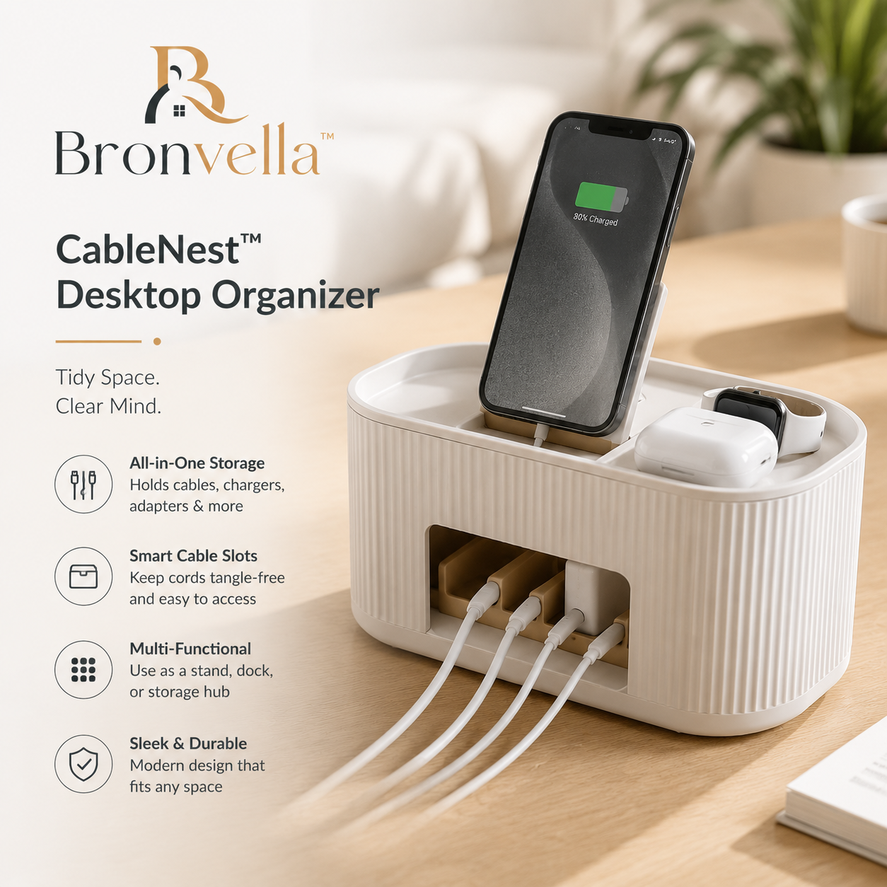 Bronvella™ AuraHub ProDesk Charging & Cable Management Station